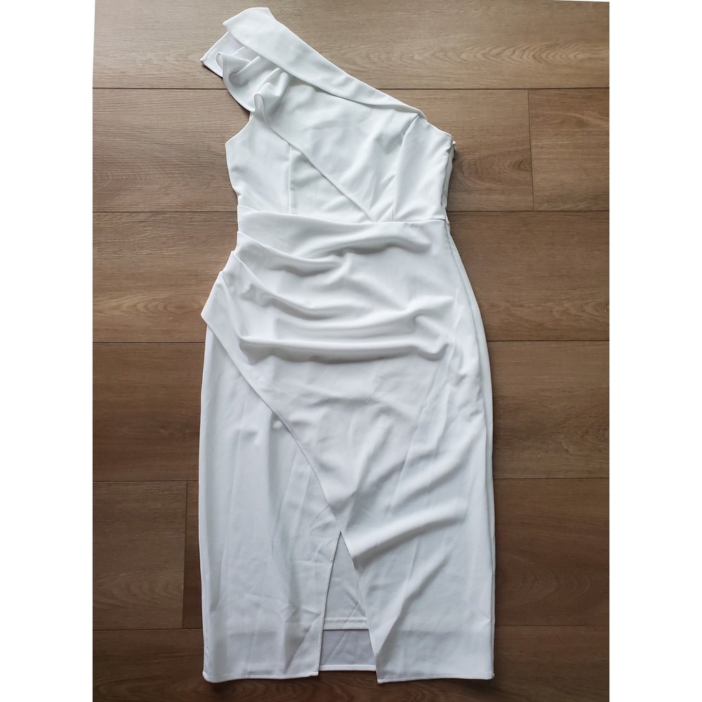 Anrabess White One Shoulder Ruffle Ruched Bodycon Midi Dress Large NWT